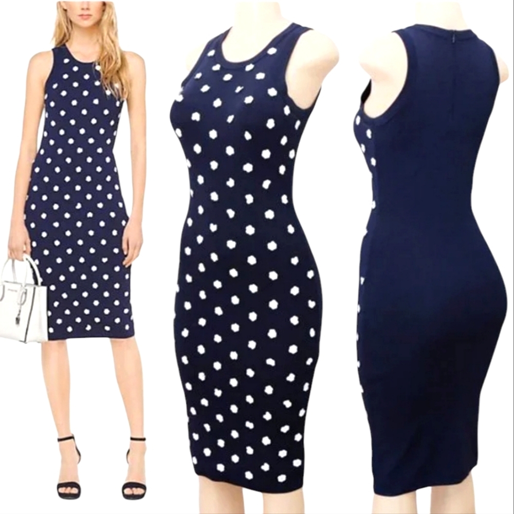 Michael Michael Kors Nwot Navy/White Ribbed Knit Sleeveless Midi Dress